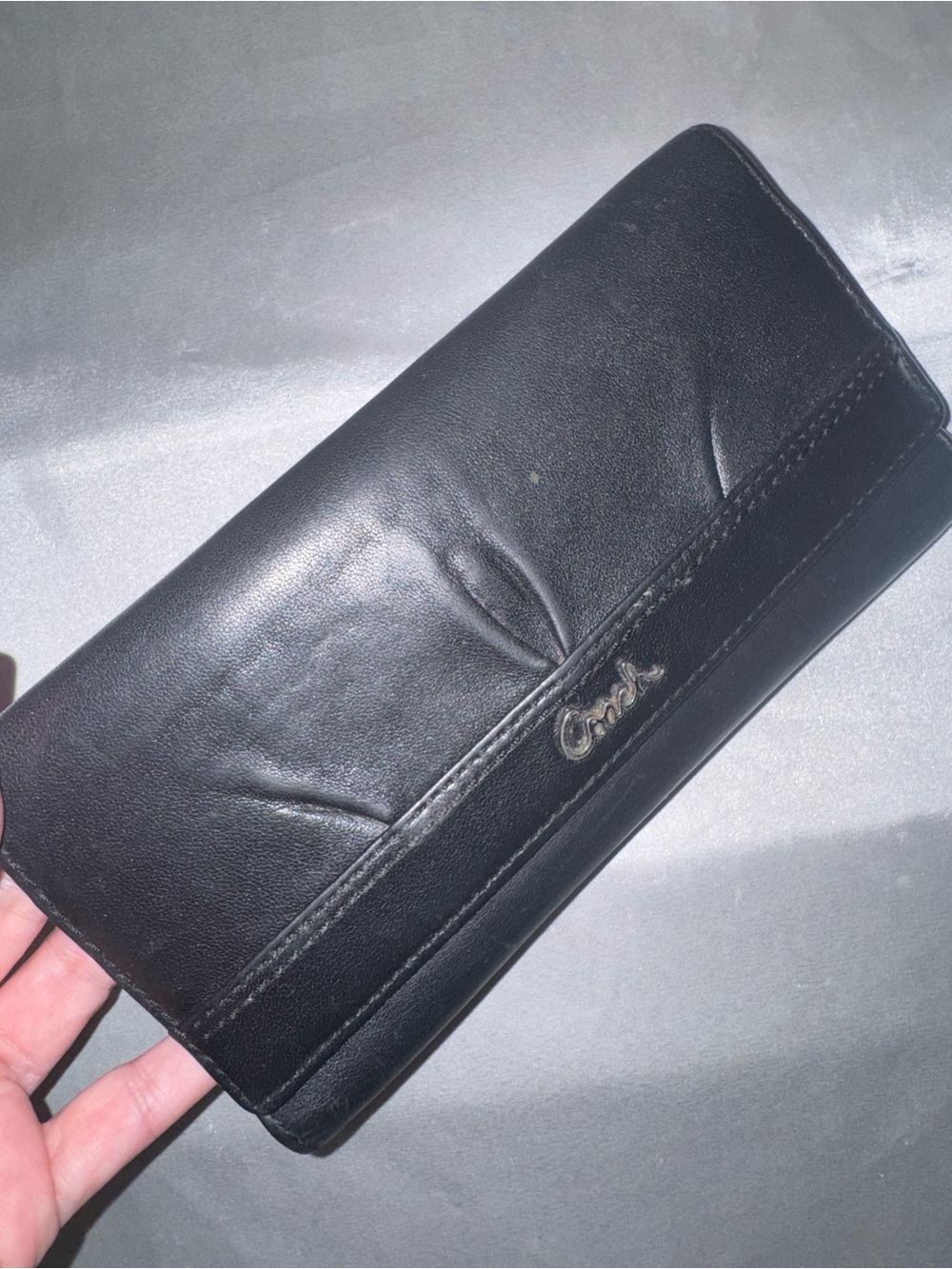 Coach Black Leather Foldover Wallet with Logo Detail